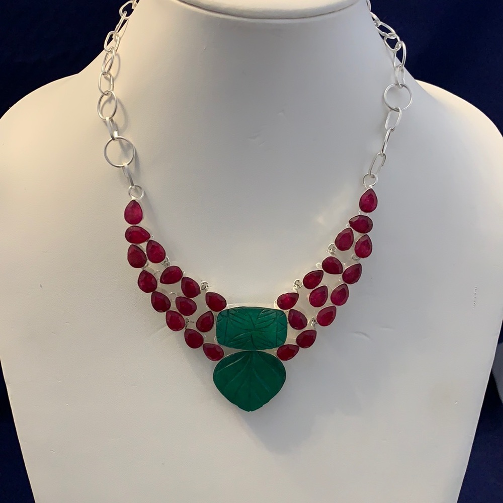Stunning Red Ruby And Green Emerald Silver Necklace Hand Crafted